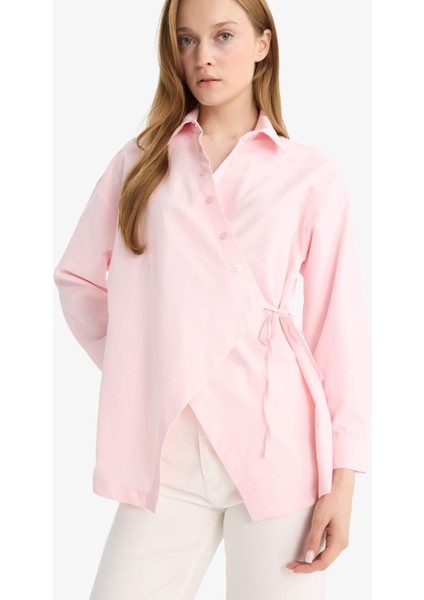 Regular Fit Gömlek Yaka Önden Bağlamalı Poplin Uzun Kollu Gömlek Tunik