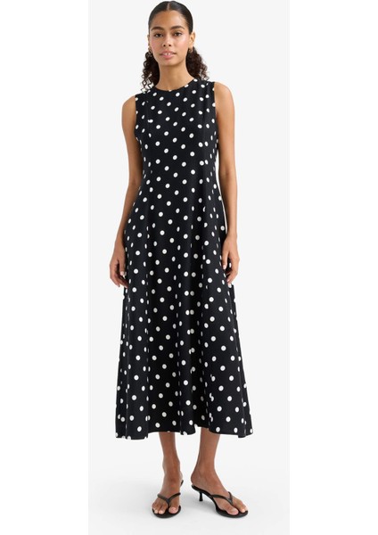 Bisiklet Yaka Puantiyeli Poplin Kolsuz Midi Elbise F8241AX25AU