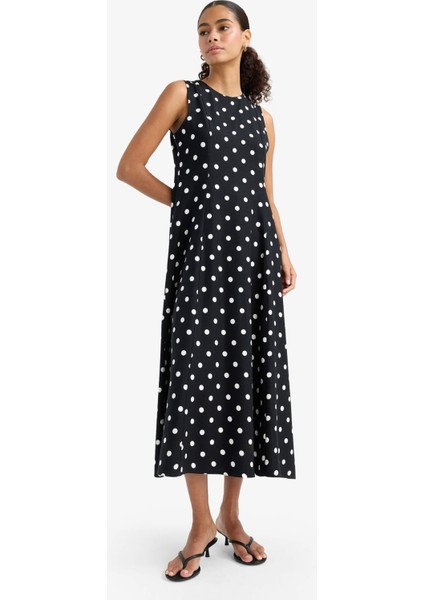 Bisiklet Yaka Puantiyeli Poplin Kolsuz Midi Elbise F8241AX25AU