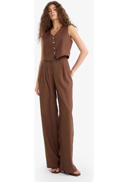 Wide Leg Çift Cepli Yüksek Bel Standart Boy Keten Karışımlı Pantolon E1986AX25AU