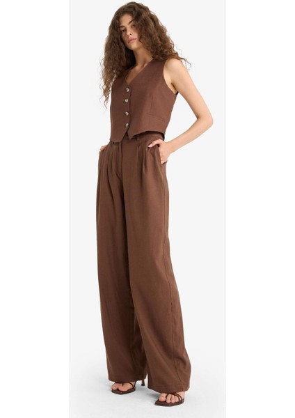 Wide Leg Çift Cepli Yüksek Bel Standart Boy Keten Karışımlı Pantolon E1986AX25AU