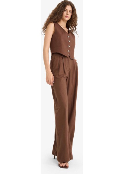 Wide Leg Çift Cepli Yüksek Bel Standart Boy Keten Karışımlı Pantolon E1986AX25AU