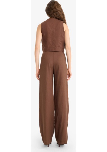 Wide Leg Çift Cepli Yüksek Bel Standart Boy Keten Karışımlı Pantolon E1986AX25AU