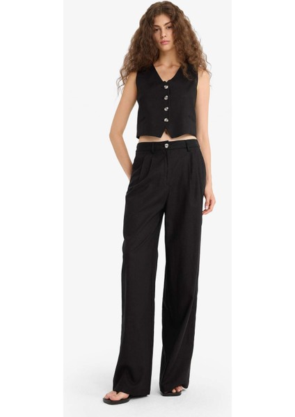 Wide Leg Çift Cepli Yüksek Bel Standart Boy Keten Karışımlı Pantolon E1986AX25AU