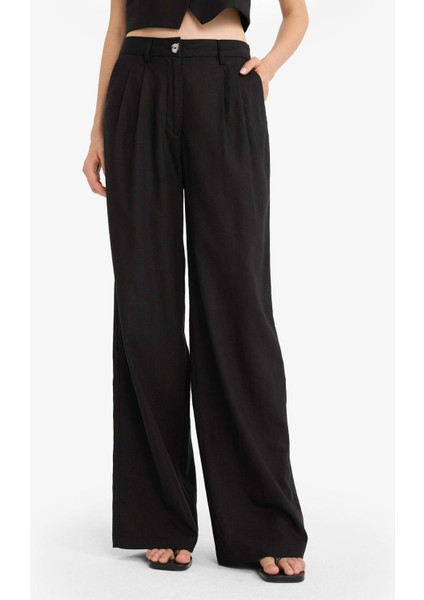 Wide Leg Çift Cepli Yüksek Bel Standart Boy Keten Karışımlı Pantolon E1986AX25AU