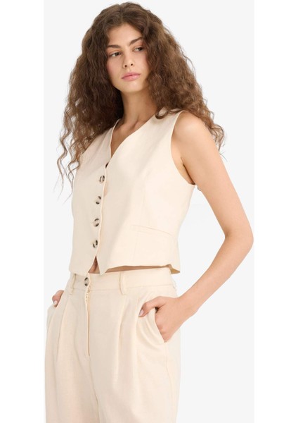 V Yaka Keten Karışımlı Blazer Yelek E1993AX25AU