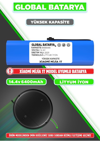Xiaomi Mijia 1t Uyumlu Akıllı Robot Süpürge Batarya 14.4V 6400MAH Li-Ion Pil (Yüksek Kapasite)