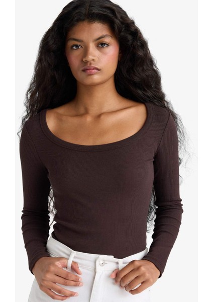 Slim Fit Dar Kesim Yuvarlak Yaka Basic Düz Fitilli Kaşkorse Uzun Kollu Tişört E5768AX25AU
