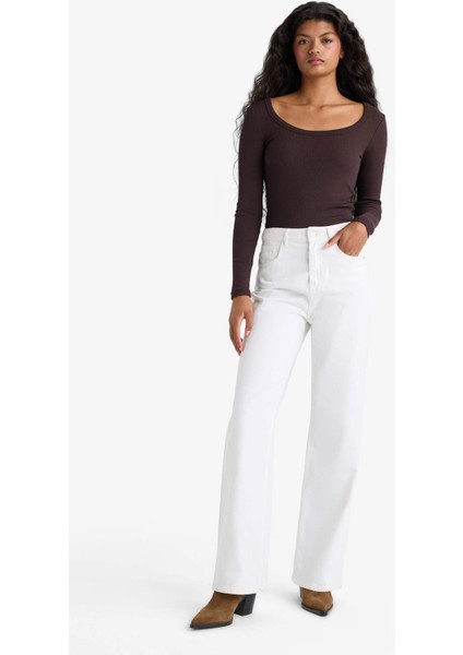 Slim Fit Dar Kesim Yuvarlak Yaka Basic Düz Fitilli Kaşkorse Uzun Kollu Tişört E5768AX25AU