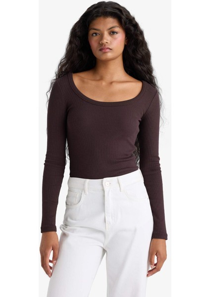 Slim Fit Dar Kesim Yuvarlak Yaka Basic Düz Fitilli Kaşkorse Uzun Kollu Tişört E5768AX25AU