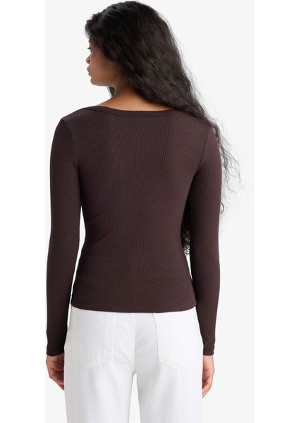 Slim Fit Dar Kesim Yuvarlak Yaka Basic Düz Fitilli Kaşkorse Uzun Kollu Tişört E5768AX25AU