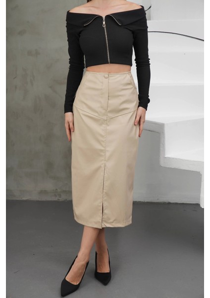 Yırtmaçlı Uzun Deri Etek Bej