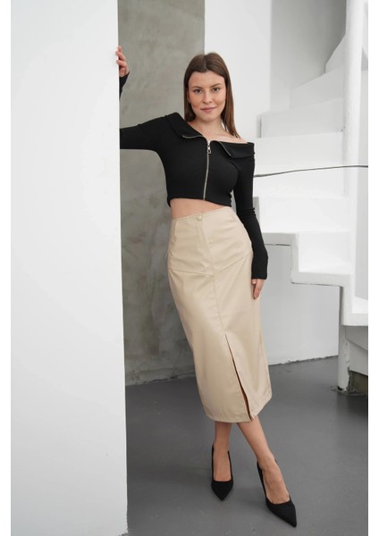 Yırtmaçlı Uzun Deri Etek Bej fiyatları