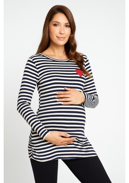 Hamile Lacivert Çizgili Kalp Detaylı Yumuşak Kumaş Bluz