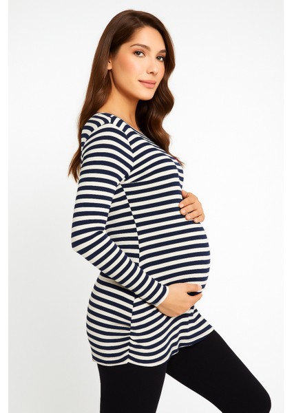 Hamile Lacivert Çizgili Kalp Detaylı Yumuşak Kumaş Bluz fiyatları