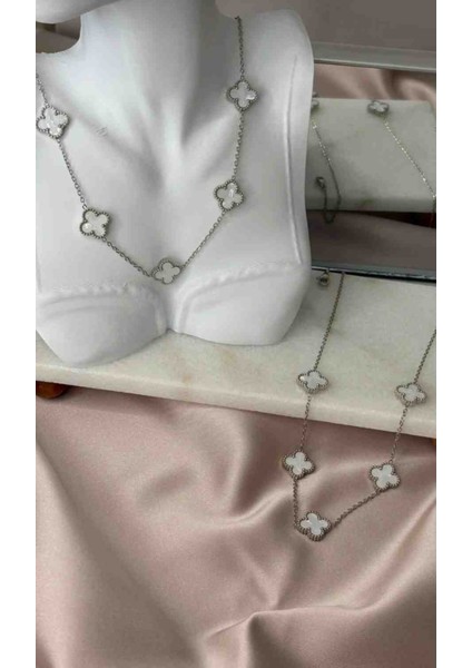 Silver Beyaz Yonca Model Çelik 2li Kolye Bileklik Seti