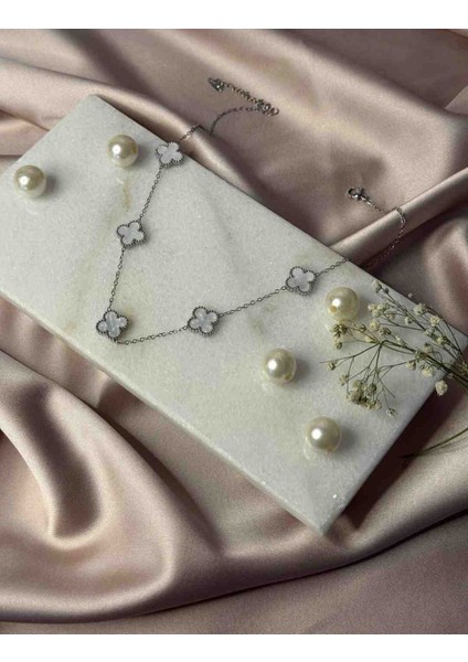 Silver Beyaz Yonca Model Çelik 2li Kolye Bileklik Seti fiyatları