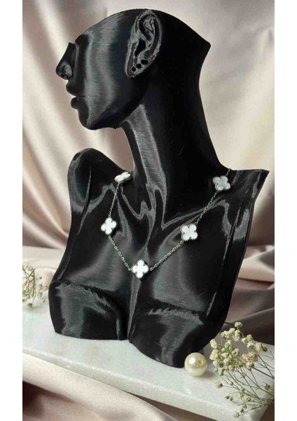 Silver Beyaz Yonca Model Çelik 2li Kolye Bileklik Seti modelleri