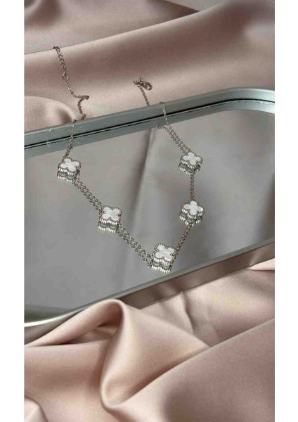 Silver Beyaz Yonca Model Çelik 2li Kolye Bileklik Seti fırsatları