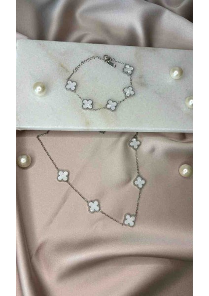 Silver Beyaz Yonca Model Çelik 2li Kolye Bileklik Seti indirimleri