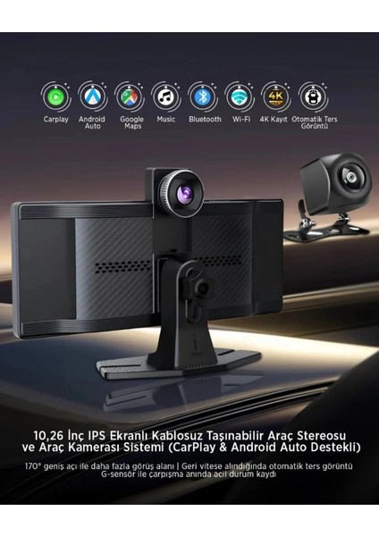 Kcr-1 Kablosuz Carplay & Android Auto Araç Kamerası |dokunmatik Ekran | 4K Ön + 1080P Arka Kamera