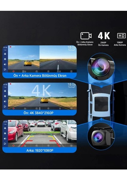 Kcr-1 Kablosuz Carplay & Android Auto Araç Kamerası |dokunmatik Ekran | 4K Ön + 1080P Arka Kamera modelleri