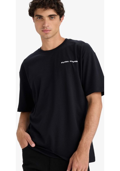 %100 Pamuk Boxy Fit Rahat Kesim Bisiklet Yaka Sırt Baskılı Kısa Kollu Tişört F8327AX25AU