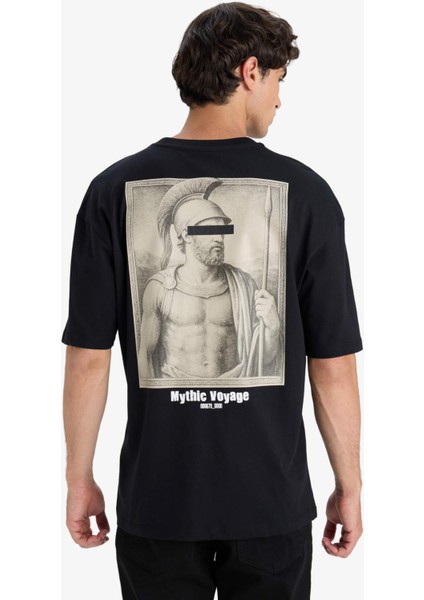 %100 Pamuk Boxy Fit Rahat Kesim Bisiklet Yaka Sırt Baskılı Kısa Kollu Tişört F8327AX25AU