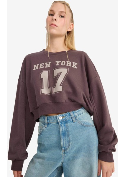 Crop Bisiklet Yaka Baskılı Kalın Sweatshirt F8006AX25AU