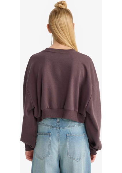 Crop Bisiklet Yaka Baskılı Kalın Sweatshirt F8006AX25AU