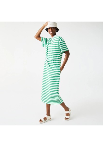Kadın Kısa Kollu Bisiklet Yaka Çizgili Yeşil - Beyaz Elbise