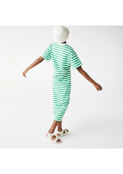 Kadın Kısa Kollu Bisiklet Yaka Çizgili Yeşil - Beyaz Elbise modelleri