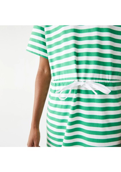 Kadın Kısa Kollu Bisiklet Yaka Çizgili Yeşil - Beyaz Elbise fırsatları