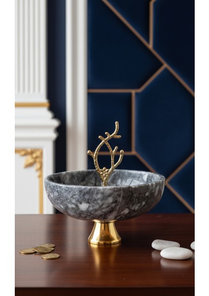 El Yapımı Dekoratıf Mermer Taşlı Bronz Desenli Kase