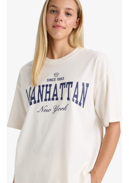 Oversize Geniş Kalıp Bisiklet Yaka Baskılı Kısa Kollu Tişört