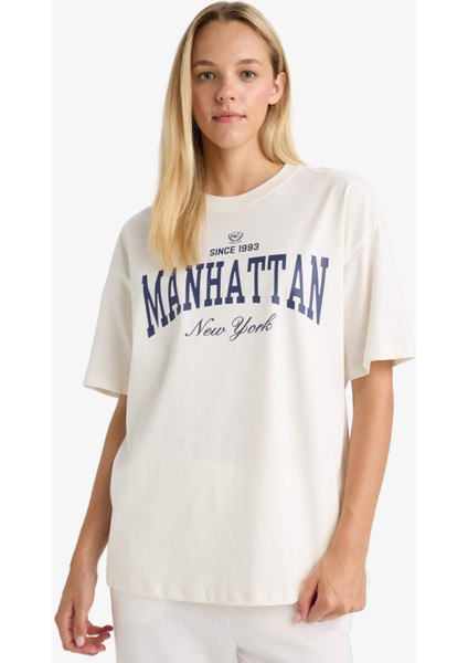 Oversize Geniş Kalıp Bisiklet Yaka Baskılı Kısa Kollu Tişört