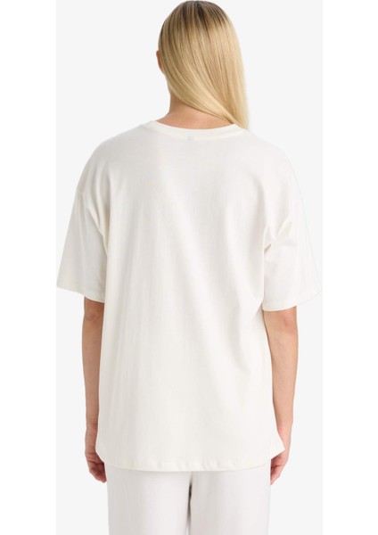 Oversize Geniş Kalıp Bisiklet Yaka Baskılı Kısa Kollu Tişört