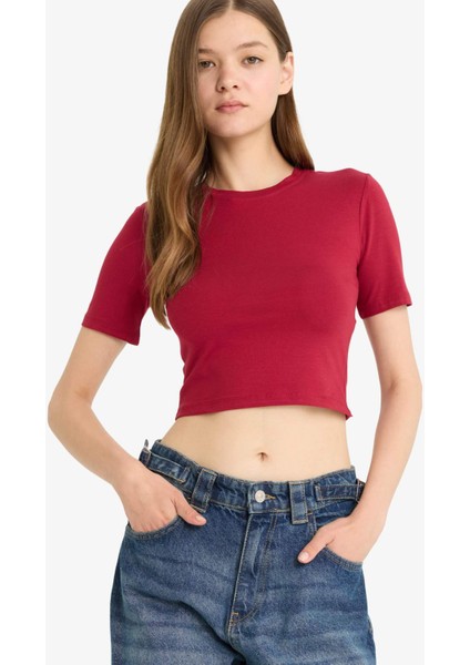 Fitted Crop Basic Düz Kısa Kollu Tişört F8924AX25HS