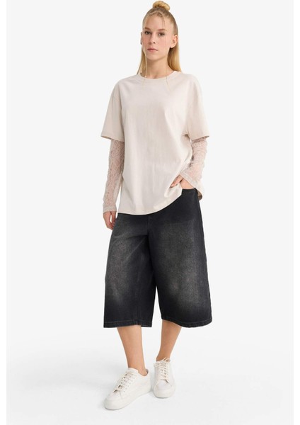 Coool Oversize Geniş Kalıp Bisiklet Yaka Dantel Detaylı Uzun Kollu Tişört