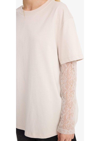 Coool Oversize Geniş Kalıp Bisiklet Yaka Dantel Detaylı Uzun Kollu Tişört