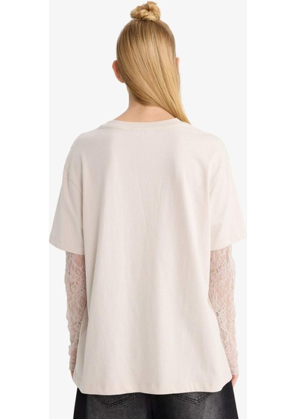 Coool Oversize Geniş Kalıp Bisiklet Yaka Dantel Detaylı Uzun Kollu Tişört