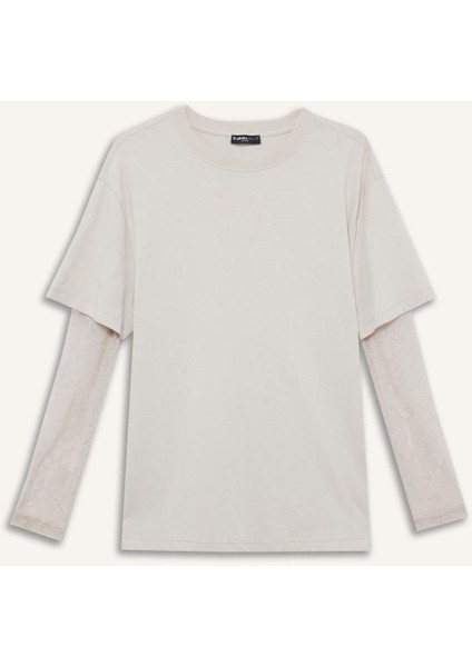 Coool Oversize Geniş Kalıp Bisiklet Yaka Dantel Detaylı Uzun Kollu Tişört