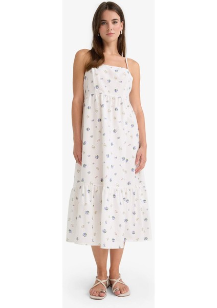 Kare Yaka Çiçek Desenli Poplin Askılı Midi Elbise F8909AX25AU