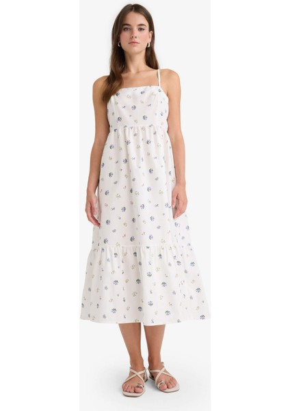 Kare Yaka Çiçek Desenli Poplin Askılı Midi Elbise F8909AX25AU