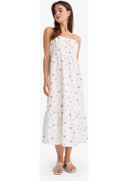 Kare Yaka Çiçek Desenli Poplin Askılı Midi Elbise F8909AX25AU