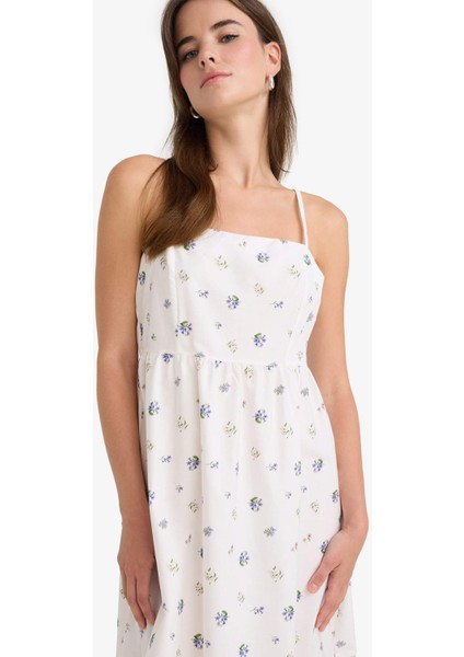 Kare Yaka Çiçek Desenli Poplin Askılı Midi Elbise F8909AX25AU
