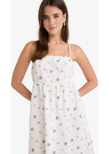 Kare Yaka Çiçek Desenli Poplin Askılı Midi Elbise F8909AX25AU