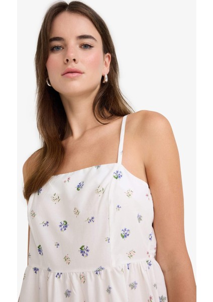 Kare Yaka Çiçek Desenli Poplin Askılı Midi Elbise F8909AX25AU