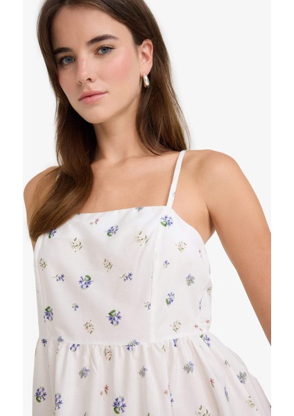 Kare Yaka Çiçek Desenli Poplin Askılı Midi Elbise F8909AX25AU