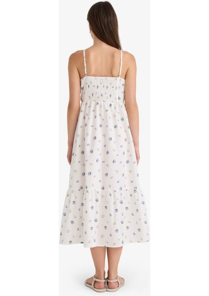 Kare Yaka Çiçek Desenli Poplin Askılı Midi Elbise F8909AX25AU